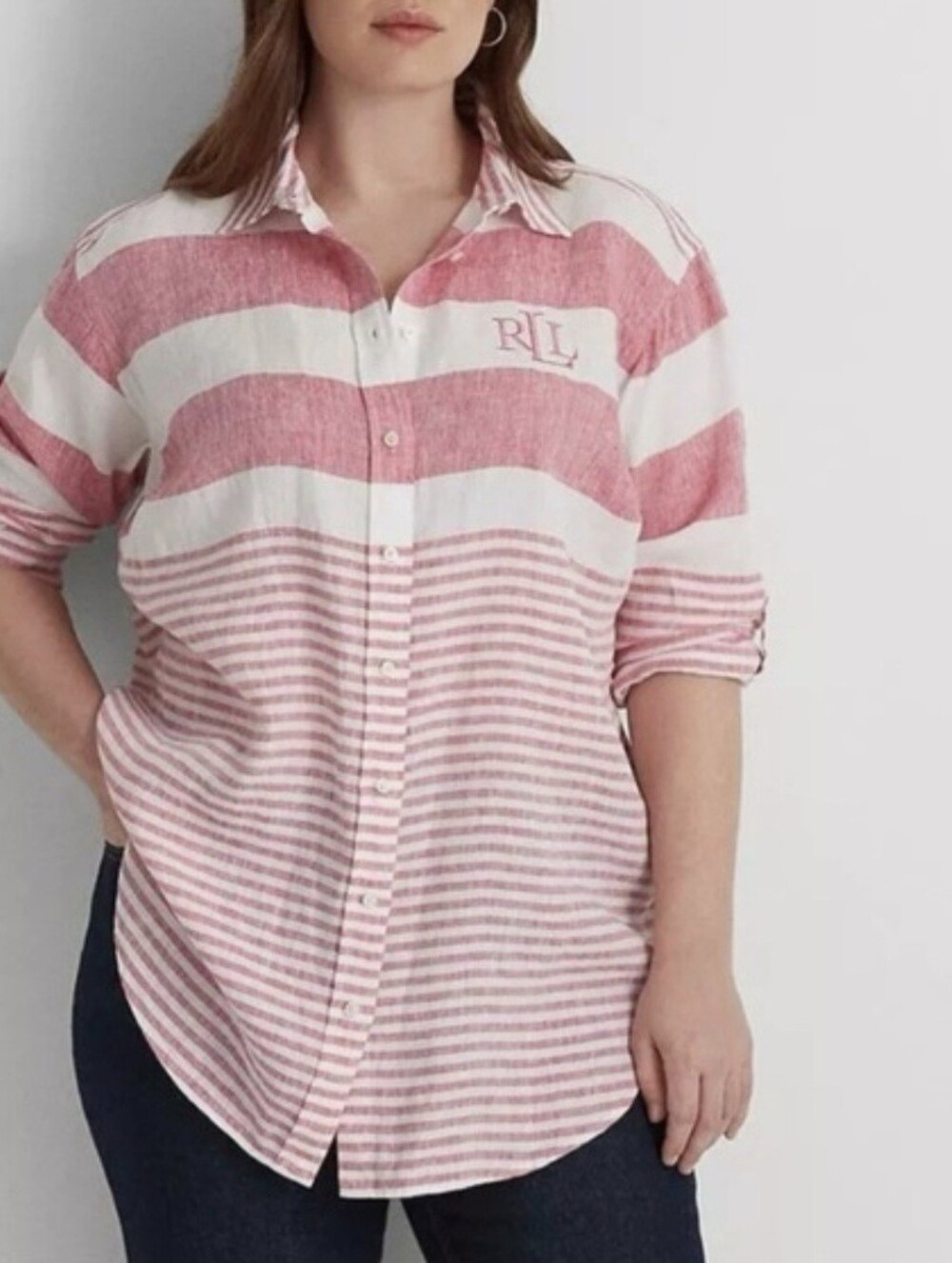 Ladies Lauren Ralph Lauren Black Label Striped Oversize Linen Shirt XL Beach